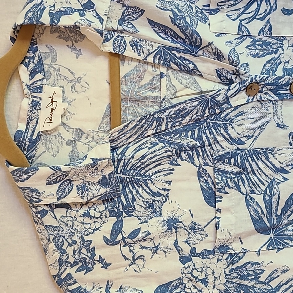 Panama Jack Linen Blend White and Blue Botanical Button-Down Shirt Size Medium
